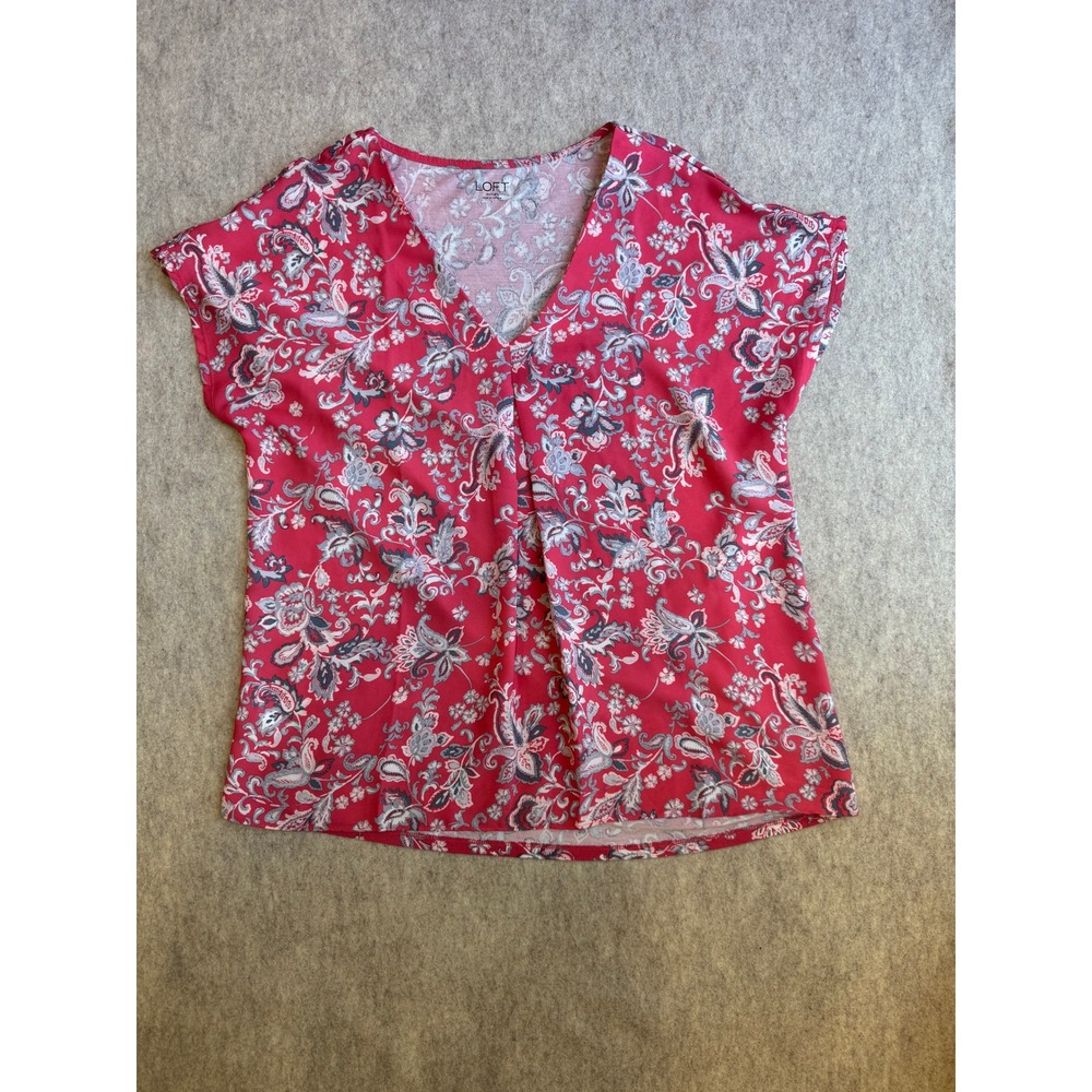 Loft Outlet Red Floral Paisley V-Neck Pleated Front Cap Sleeve Blouse Large